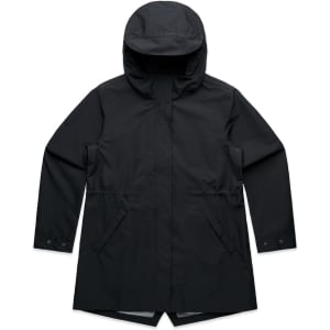 A black soft shell jacket with a hood and side pockets, featuring a streamlined design and a fitted look.