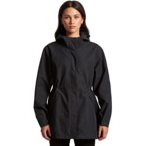 A black soft shell jacket with a hood and drawstring waist. It features side pockets and a logo.