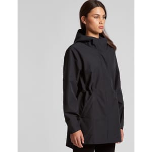 A black soft shell jacket with a hood, featuring side pockets and a cinched waist for a fitted look.