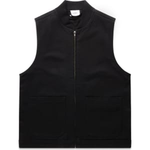 A black heavy vest with a zip front and two front pockets. Features a logo on the upper back.