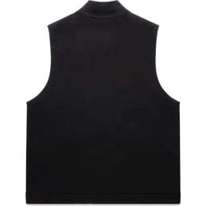 A black heavy vest made from canvas material featuring a high collar and no sleeves. It has a logo on the back.