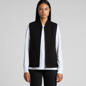 A black heavy vest with a simple design, featuring two front pockets and a zip closure.