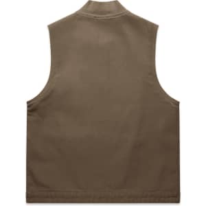 A brown heavy vest with a high collar and no sleeves, featuring a small logo.