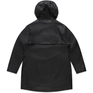 A rain jacket in black with a hood and a rear flap, featuring a logo on the back.