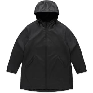 A black rain jacket with a hood, featuring a zip closure and side pockets, and includes a logo.