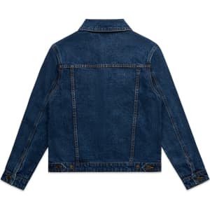 A dark blue denim jacket with a fitted design and button closures at the cuffs, featuring a logo on the back.