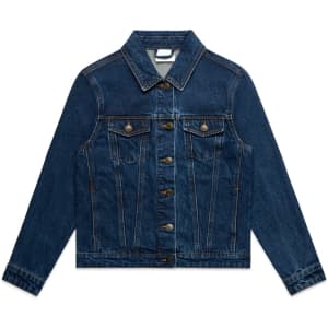 A denim jacket in dark blue with a classic front design, featuring pockets and a logo.