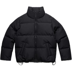 A black puffer jacket with a high collar and drawstring hem. It features a zip front and has a logo.