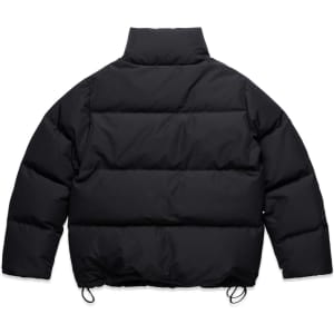A black puffer jacket featuring a high collar and a drawstring hem, with a logo on the back.