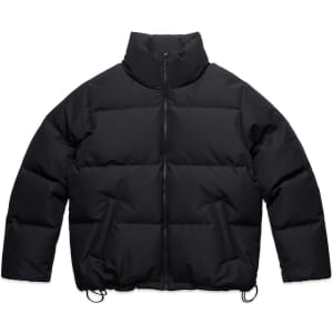 A black puffer jacket with a high collar and drawstring hem. It features a front zipper and has a logo.