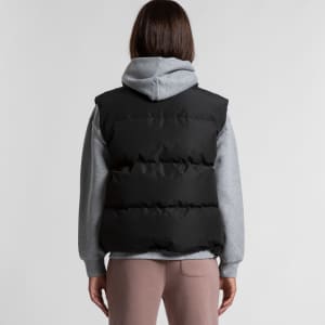 A black puffer vest is worn over a grey hoodie, showcasing a stylish and casual layered look from the back.