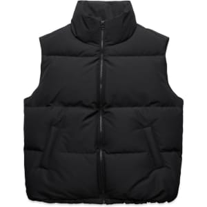 A black puffer vest with a high collar, featuring a front zipper and two side pockets.