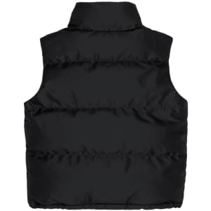 A black puffer vest with a high collar, featuring a quilted design and an unseen logo on the back.