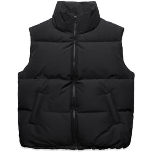 A black puffer vest featuring a high collar and two front pockets, with a zip closure and branding.