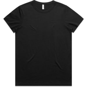 A black T-shirt featuring a classic crew neck and short sleeves, with a branding logo.