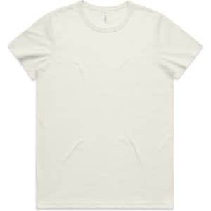 A light cream-coloured t-shirt with a round neckline, featuring a logo on the label.