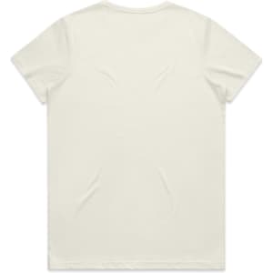 A light-coloured T-shirt featuring a plain back and a small branding logo.