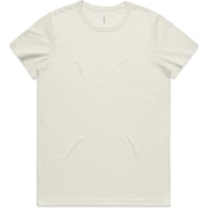 A light cream T-shirt with a classic crew neck and short sleeves, featuring a logo on the label.