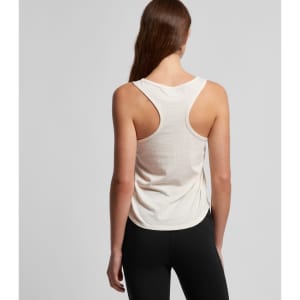 A racerback singlet in a light cream colour, featuring a logo and a smooth, fitted design at the back.