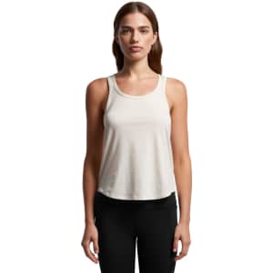 A lightweight, cream-coloured racerback singlet with a fitted design, featuring a logo.