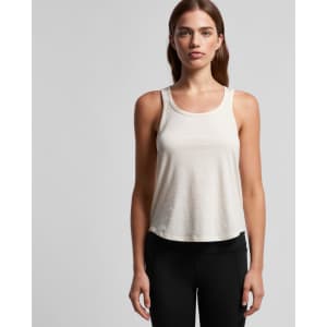A light cream racerback singlet featuring a relaxed fit, with a logo on the front.