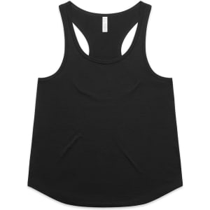 A black racerback tank top with a rounded hem and a logo on the back.