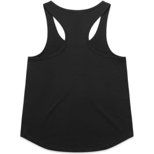 A black racerback tank top with a rounded hemline and a branding logo on the back.