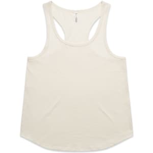A cream-coloured racerback tank top with a rounded hem and a logo on the label.