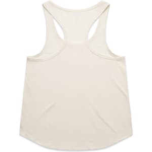 A light cream racerback tank top featuring a rounded hem and a logo tag.
