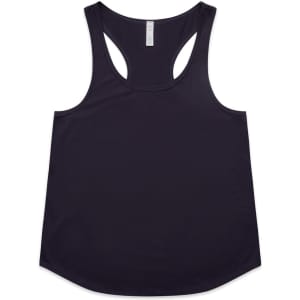 A dark purple racerback tank top featuring a rounded hem and a logo.