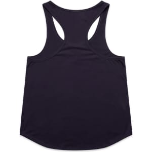 A black racerback tank top with a rounded hem and a logo. The back features a unique cut design.