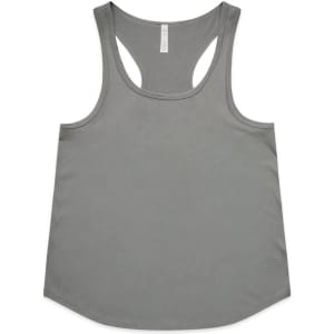 A grey racerback singlet with a smooth fabric and a logo on the side.