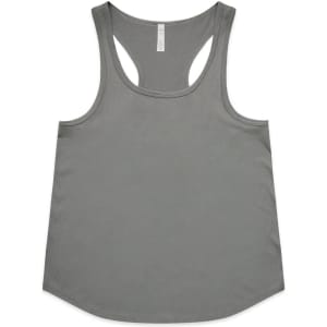 A grey racerback tank top with a simple design and a logo. Suitable for active wear.