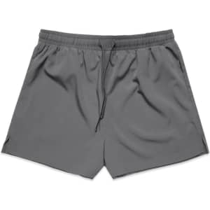 Active shorts in a solid grey colour with an elastic waistband and drawstring. Features a logo on the side.