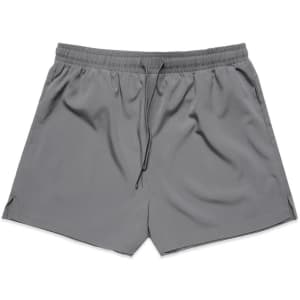 Active shorts in a solid grey colour with an elastic waistband and drawstring, featuring a logo on the front.