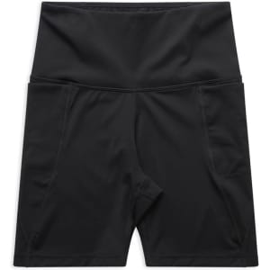 Black active bike shorts with a high waistband and side pockets, featuring a logo.