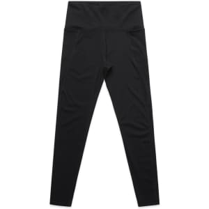 Black active leggings with a high waistband, featuring a sleek design and a logo.