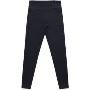 Black active leggings with a high waistband, featuring pockets on the front and a logo at the waistband.