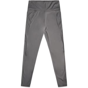 Active leggings in a sleek grey colour, featuring a high waistband and side pockets. Includes branding on the fabric.