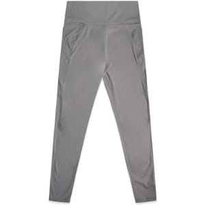 Active leggings in a soft grey colour, featuring a high waistband and side pockets, with branding visible.