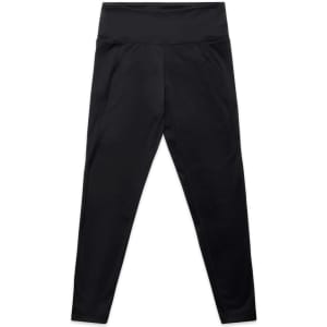 Black mid-length leggings with a smooth waistband and an unseen logo. Perfect for active wear.