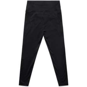 Black mid-rise leggings featuring a wide waistband and sleek design. Includes a logo on the waistband.