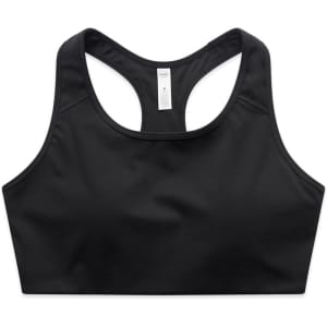 A black crop top with a racerback design, featuring a logo on the front. Perfect for sports activities.