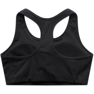 A black athletic bra top with a racerback design and a logo on the back.