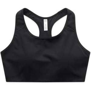 A black sports bra top featuring a sleek design and a logo. Ideal for active wear.