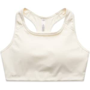 A cream-coloured sports crop top with a racerback design and a logo on the back.