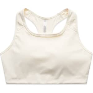 A cream-coloured sports crop top with a racerback design and a branding logo.