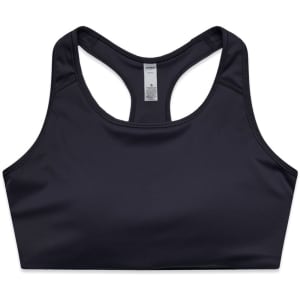 A black sports crop top with a racerback design and a small logo on the front.