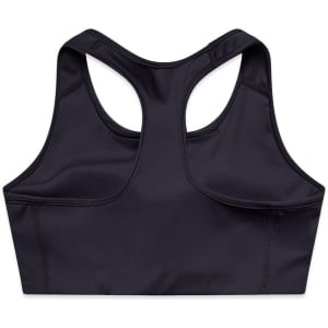 A black sports crop top with a racerback design and stitching details, featuring a logo on the back.