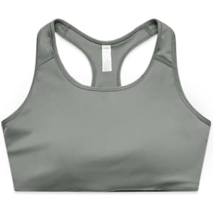 A sports crop top in a muted green colour, featuring a racerback design and a logo.